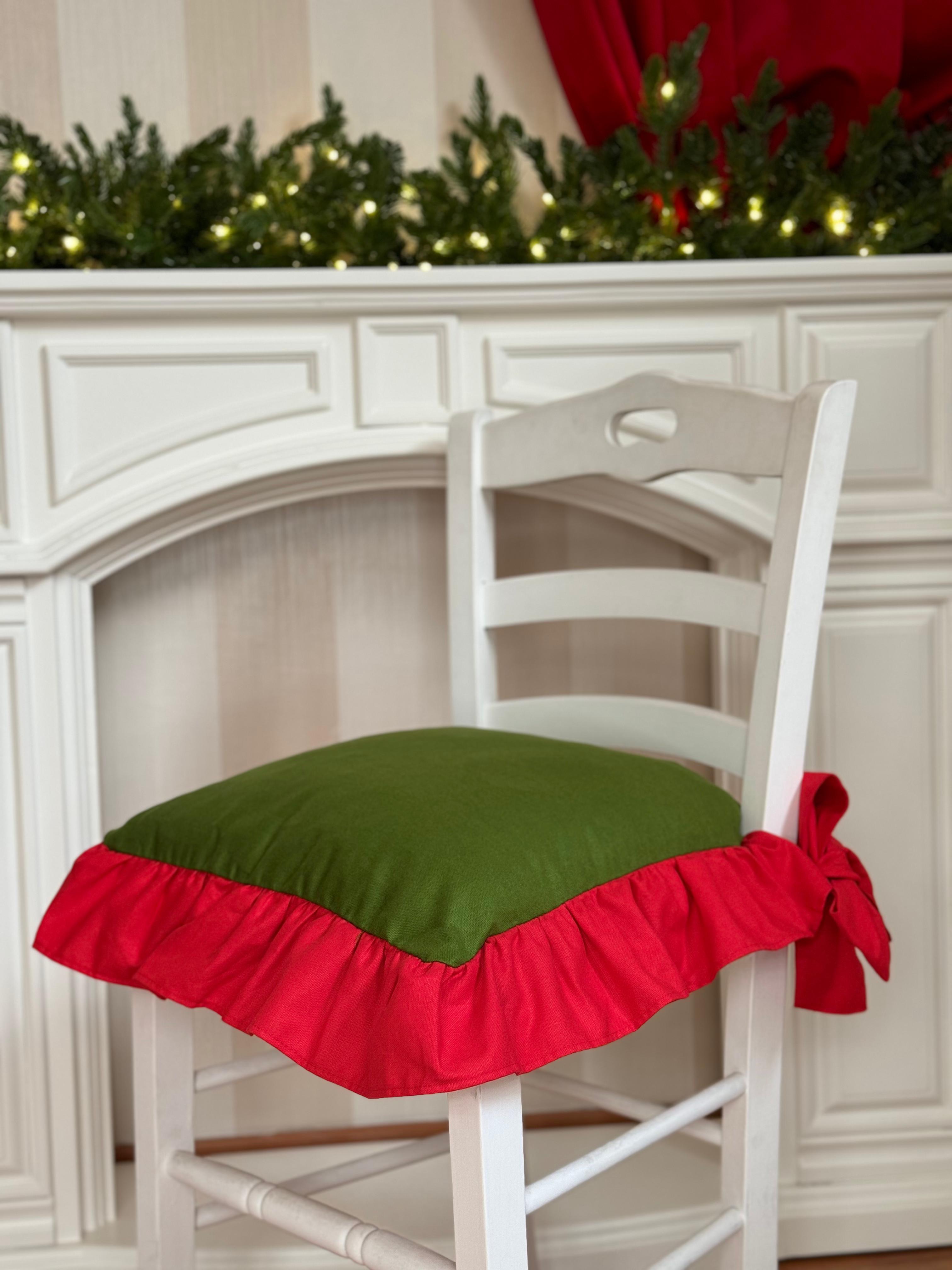 Cuscino da sedia sartoriale natalizio verde balza rossa in panama - 45x45 cm- Fiorentino Home